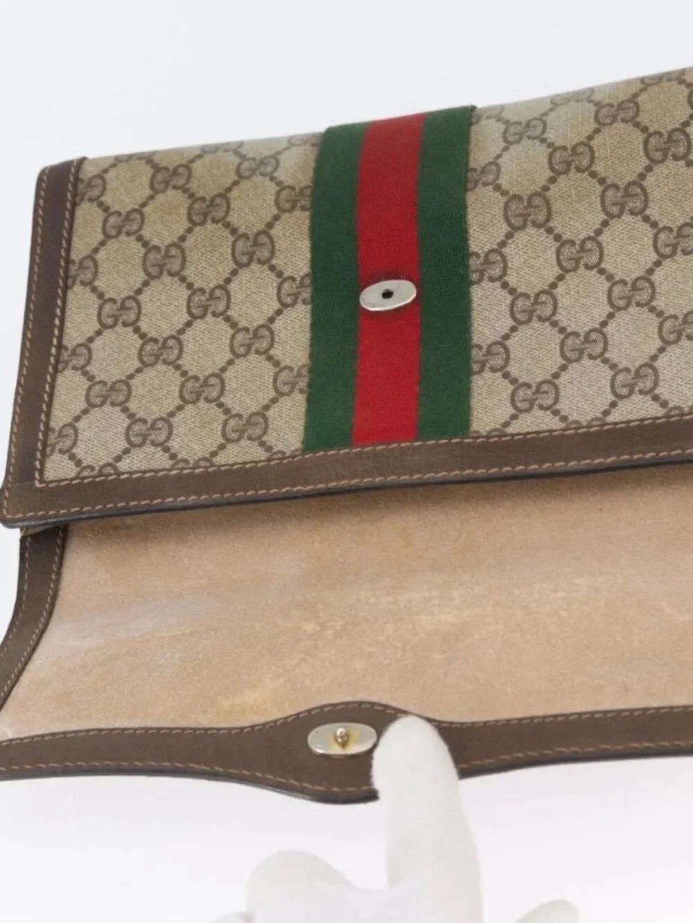 GUCCI GG Supreme Web Sherry Line Bag PVC Beige Gold 67 039 3087 Auth 173857